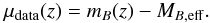 Mathematical equation: \begin{eqnarray} \mu_{\rm data}(z)=m_{B}(z)-M_{B,\rm eff}. \label{eqn:mu_data} \end{eqnarray}