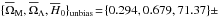 Mathematical equation: \hbox{$\{\overline\Omega_{\rm M},\overline \Omega_{\Lambda},\overline H_{0}\}_{\text{unbias}} \!=\!\{0.294,0.679,71.37\}\pm$}