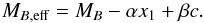 Mathematical equation: \begin{eqnarray} M_{B,\rm eff}=M_{B}-\alpha x_{1}+\beta c. \label{eqn:M_B_eff} \end{eqnarray}