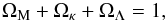 Mathematical equation: \begin{eqnarray} \Omega_{\rm M}+\Omega_{\kappa}+\Omega_{\Lambda}=1, \label{eqn:flatness} \end{eqnarray}