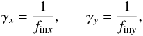Mathematical equation: \appendix \setcounter{section}{1} \begin{eqnarray*} \gamma_x = \frac{1}{f_{{\rm in} x}}, ~~~~~~~\gamma_y = \frac{1}{f_{{\rm in} y}}, \end{eqnarray*}