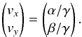 Mathematical equation: \appendix \setcounter{section}{1} \begin{eqnarray*} \begin{pmatrix} v_x \\ v_y \\ \end{pmatrix} = \begin{pmatrix} \alpha/\gamma\\ \beta/\gamma \end{pmatrix}. \end{eqnarray*}