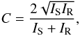 Mathematical equation: \begin{equation} C= \frac{2 \sqrt{I_{\rm S} I_{\rm R}}}{ I_{\rm S} + I_{\rm R} }, \label{EQ:contraste} \end{equation}