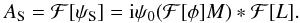 Mathematical equation: \begin{equation} A_{\rm S} = \mathcal{F}[\psi_{\rm S}] = {\rm i}\psi_0 (\mathcal{F}[\phi] M) \ast \mathcal{F}[L]. \label{As} \end{equation}