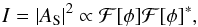 Mathematical equation: \begin{equation} I = \lvert A_{\rm S} \rvert ^2 \propto \mathcal{F}[\phi] \mathcal{F}[\phi]^{\ast}, \label{PsiM} \end{equation}