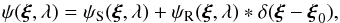 Mathematical equation: \begin{equation} \psi(\boldsymbol{\xi},\lambda) = \psi_{\rm S}(\boldsymbol{\xi},\lambda) + \psi_{\rm R}(\boldsymbol{\xi},\lambda) \ast \delta(\boldsymbol{\xi} - \boldsymbol{\xi}_0), \label{PsiModifiedLyot2} \end{equation}