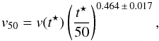 Mathematical equation: \begin{equation} \label{equation:v50_Nugent2006} v_{50} = v(t^{\star}) \left( \frac{t^{\star}}{50} \right)^{0.464\,\pm\,0.017} , \end{equation}