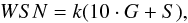Mathematical equation: \begin{equation} \label{eq:rw} WSN = k(10\cdot G + S) , \end{equation}