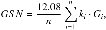 Mathematical equation: \begin{equation} GSN = {\frac{12.08}{n}}\sum_{i=1}^n{k_i\cdot G_i}, \label{Eq:GSN} \end{equation}