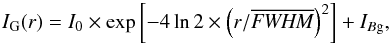 Mathematical equation: \begin{equation} I_{\rm p} (r) = \frac{I_0}{\left[1+\left({r/R_{\rm flat}}\right)^{2}\right]^{\frac{p-1}{2}}} + I_{B{\rm g}}, \end{equation}