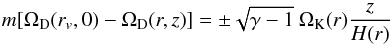 Mathematical equation: \begin{equation} m[\Omega_{\rm D}(r_v,0) - \Omega_{\rm D}(r,z)] = \pm \sqrt{\gamma - 1}~ \Omega_{\rm K}(r) {z\over H(r)} \label{slope} \end{equation}