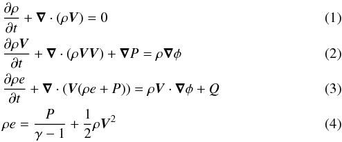 Mathematical equation: \begin{eqnarray} &&{ {\partial \rho} \over {\partial t} } + {\vec\nabla} \cdot (\rho {\vec V}) =0 \label{gov-eq1}\\ &&{ {\partial \rho {\vec V}} \over {\partial t} } +{\vec \nabla} \cdot (\rho {\vec V}{\vec V}) + {\vec \nabla} P = {\rho {\vec \nabla} \phi} \label{gov-eq2}\\ &&{ {\partial \rho e} \over {\partial t} } +{\vec\nabla} \cdot ({\vec V}(\rho e +P)) = \rho {\vec V} \cdot {\vec \nabla} \phi + Q \label{gov-eq3}\\ &&\rho e = {P\over{\gamma -1}} + {1\over 2}\rho {\vec V}^{2} \label{gov-eq4} \end{eqnarray}