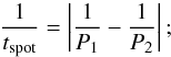 Mathematical equation: \begin{equation} \frac{1}{t_{\rm spot}} = \left| \frac{1}{P_{1}} - \frac{1}{P_{2}} \right|; \end{equation}