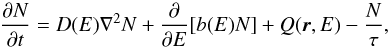 Mathematical equation: \begin{equation} \frac{\partial N}{\partial t} = D(E) \nabla^2 N +\frac{\partial}{\partial E}[b(E) N] + Q(\vec{r}, E) - \frac{N}{\tau}, \label{eq:3D} \end{equation}