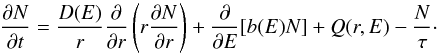 Mathematical equation: \begin{equation} \frac{\partial N}{\partial t} = \frac{D(E)}{r} \frac{\partial}{\partial r}\left(r \frac{\partial N}{\partial r} \right) +\frac{\partial}{\partial E}[b(E) N] + Q(r, E) - \frac{N}{\tau}\cdot \label{eq:1D} \end{equation}