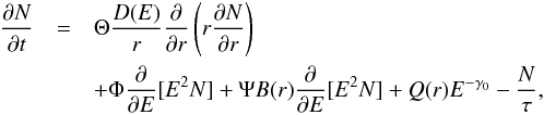 Mathematical equation: \begin{eqnarray} \label{eq:1Dnodim} \frac{\partial N}{\partial t} & = & \Theta \frac{D(E)}{r} \frac{\partial}{\partial r}\left(r \frac{\partial N}{\partial r} \right) \\ \nonumber && + \Phi\frac{\partial}{\partial E}[E^2 N] + \Psi B(r) \frac{\partial}{\partial E}[E^2 N] + Q(r)E^{-\gamma_0} - \frac{N}{\tau}, \end{eqnarray}