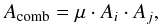 Mathematical equation: \begin{equation} A_{\rm comb} = \mu \cdot A_i \cdot A_j, \end{equation}