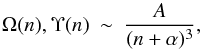 Mathematical equation: \begin{equation} \Omega(n),\Upsilon(n)\ \sim\ \frac{A}{(n+\alpha)^3} , \label{eq:extrap} \end{equation}