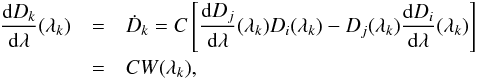 Mathematical equation: \begin{eqnarray} {\d D_k\over \d\lambda}(\lambda_k)&=&\dot D_k =C \eck{{\d D_j\over\d\lambda}(\lambda_k)D_i(\lambda_k)-D_j(\lambda_k){\d D_i\over \d\lambda}(\lambda_k)} \nonumber \\ &=& C W(\lambda_k), \label{eq:7} \end{eqnarray}