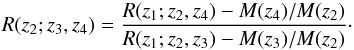 Mathematical equation: \begin{equation} R(z_2;z_3,z_4)={R(z_1;z_2,z_4)-M(z_4)/M(z_2) \over R(z_1;z_2,z_3)-M(z_3)/M(z_2) } \cdot \label{eq:13} \end{equation}