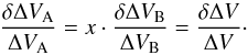 Mathematical equation: \begin{equation} \frac{\delta \Delta V_{\rm A}}{\Delta V_{\rm A}} = x \cdot \frac{\delta \Delta V_{\rm B}}{\Delta V_{\rm B}} = \frac{\delta \Delta V}{\Delta V}\cdot \end{equation}