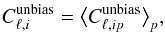 Mathematical equation: \begin{eqnarray} C_{\ell,i}^{\text{unbias}}=\big<C_{\ell,ip}^{\text{unbias}}\big>_p, \end{eqnarray}