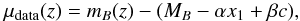 Mathematical equation: \begin{eqnarray} \mu_{\rm data}(z)=m_{B}(z)-(M_{B}-\alpha x_{1}+\beta c), \label{eqn:mu_data} \end{eqnarray}