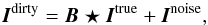 Mathematical equation: \begin{equation} \bm{I}^{\rm dirty}=\bm{B \star I}^{\rm true}+\bm{I}^{\rm noise}, \label{1} \end{equation}