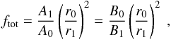 Mathematical equation: \begin{equation} \label{eq:expans_definition_model} f_{\rm tot} = \frac{A_1}{A_0} \left(\frac{r_0}{r_1}\right)^2 = \frac{B_0}{B_1} \left(\frac{r_0}{r_1}\right)^2\ , \end{equation}