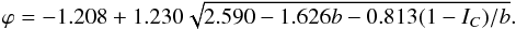 Mathematical equation: \begin{equation} \varphi=-1.208+1.230 \sqrt{2.590 -1.626b - 0.813(1-I_C)/b}. \label{eq:phase} \end{equation}
