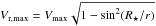 Mathematical equation: \hbox{$V_{\rm r,max}=V_{\max} \sqrt{1 - \sin^2(R_{\star}/r)}$}