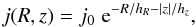 Mathematical equation: \begin{equation} j(R,z) = j_{0} \; \mathrm{e}^{-R/h_R-|z|/h_z}, \label{exp_disc} \end{equation}