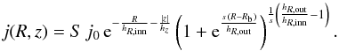 Mathematical equation: \begin{equation} j(R,z) = S \, j_{0} \, \text{e}^{-\frac{R}{h_{R,\text{inn}}}-\frac{|z|}{h_z}} \left(1 + \text{e}^{\frac{s\,(R-R_\text{b})}{h_{R,\text{out}}}}\right)^{ \frac{1}{s} \left(\frac{h_{R,\text{out}}}{h_{R,\text{inn}}} - 1\right)}. \label{eq:broken_disc} \end{equation}