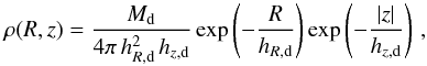 Mathematical equation: \begin{equation} \rho(R,z) = \frac{M_\mathrm{d}}{4\pi\,h_{R,\text{d}}^2\,h_{z,\text{d}}} \exp\left(-\frac{R}{h_{R,\text{d}}}\right) \exp\left(-\frac{|z|}{h_{z,\text{d}}}\right)\,, \end{equation}