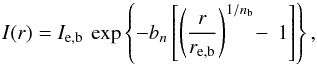 Mathematical equation: \begin{equation} I(r) = I_\mathrm{e,b} \: \exp \left\{ -b_n \left[ \left( \frac{r}{r_\mathrm{e,b}} \right)^{1/n_\mathrm{b}} \! - \: 1 \right] \right\}, \end{equation}