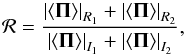 Mathematical equation: \begin{equation} \mathcal{R} = \frac{\left| \left< {\vec \Pi} \right> \right|_{R_1} + \left| \left< {\vec \Pi} \right> \right|_{R_2}}{\left| \left< {\vec \Pi} \right> \right|_{I_1} + \left| \left< {\vec \Pi} \right> \right|_{I_2}}, \end{equation}