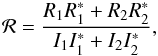 Mathematical equation: \begin{equation} \mathcal{R} = \frac{R_1 R_1^* + R_2 R_2^*}{I_1 I_1^* + I_2 I_2^*}, \end{equation}