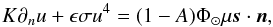 Mathematical equation: \begin{equation} K\partial_n u + \epsilon \sigma u^4 = (1-A)\Phi_\odot \mu \vec s \cdot \vec n, \label{eq: } \end{equation}