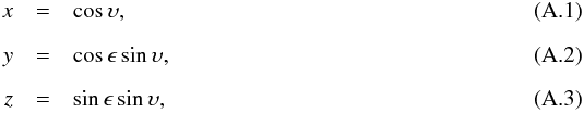 Mathematical equation: \appendix \setcounter{section}{1} \begin{eqnarray} x &=& \cos \upsilon ,\\[2mm] y &=& \cos \epsilon \sin \upsilon ,\\[2mm] z &=& \sin \epsilon \sin \upsilon, \label{eq: } \end{eqnarray}