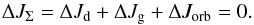 Mathematical equation: \begin{equation} \Delta J_{\Sigma} = \Delta J_{\rm d}+ \Delta J_{\rm g}+ \Delta J_{\rm orb} = 0.\nonumber \end{equation}