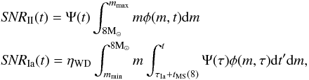 Mathematical equation: \begin{eqnarray} && \textit{SNR}_{\text{II}}(t) = \Psi(t)\int_{8 \text{M}_{\odot}}^{m_{\text{max}}} m\phi(m,t)\mathrm{d}m \nonumber\\ && \textit{SNR}_{\text{Ia}}(t) = \eta_{\text{WD}} \int_{m_{\text{min}}}^{8 \text{M}_{\odot}} m \int_{\tau_{\text{Ia}}+t_{\text{MS}}(8)}^t \Psi(\tau) \phi(m,\tau) \mathrm{d}t' \mathrm{d}m, \label{eq:SNrate} \end{eqnarray}