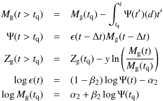 Mathematical equation: \begin{eqnarray} M_{\text{g}}(t>t_{\text{q}}) &=& M_{\text{g}}(t_{\text{q}}) - \int_{t_{\text{q}}}^t\Psi(t')\mathrm(d)t' \nonumber\\ \Psi(t>t_{\text{q}}) &=& \epsilon(t-\Delta t) M_{\text{g}}(t-\Delta t)\nonumber\\ Z_{\rm g}(t>t_{\text{q}}) &=& Z_{\text{g}}(t_{\text{q}}) - y\ln\left(\frac{M_{\text{g}}(t)}{M_{\text{g}}(t_{\text{q}})}\right)\nonumber\\ \log\epsilon(t) &=& (1-\beta_2)\log\Psi(t) - \alpha_2\nonumber\\ \log M_{\text{g}}(t_{\text{q}}) &=& \alpha_2 + \beta_2\log\Psi(t_{\text{q}}) \label{eq:quench} \end{eqnarray}