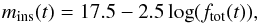 Mathematical equation: \begin{equation} \label{eq:inst_mag} m_{\mathrm{ins}}(t)=17.5-2.5\log(f_{\mathrm{tot}}(t)), \end{equation}