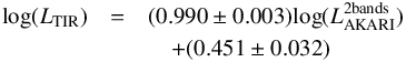 Mathematical equation: \begin{eqnarray} \mathrm{log}(L_{\mathrm{TIR}})&=&(0.990\pm0.003)\mathrm{log}(L_{\rm AKARI}^{\mathrm{2 bands}})\nonumber\\ &&\quad+(0.451\pm0.032) \end{eqnarray}