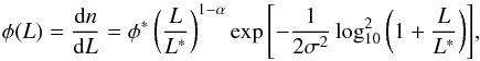 Mathematical equation: \begin{equation} \phi(L) = \frac{{\rm d}n}{{\rm d}L}=\phi^* \left(\frac{L}{L^*}\right)^{1-\alpha} \exp{\left[-\frac{1}{2\sigma^2} \log^2_{10}\left(1+\frac{L}{L^*}\right)\right]}, \end{equation}