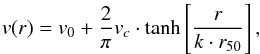 \begin{equation} v(r) = v_0 + \frac{2}{\pi} v_{c} \cdot \tan\! {\rm h}\left[\frac{r}{k\cdot r_{50}}\right] \label{eq:tanhRC} , \end{equation}