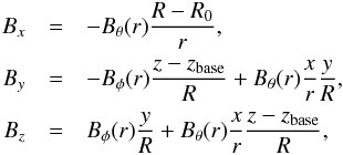 \begin{eqnarray} B_x & = & - B_{\theta}(r)\frac{R-R_0}{r},\nonumber\\ B_y & = & - B_{\phi}(r)\frac{z-z_{\text{base}}}{R} + B_{\theta}(r)\frac{x}{r}\frac{y}{R},\nonumber\\ B_z & = & B_{\phi}(r) \frac{y}{R} + B_{\theta}(r)\frac{x}{r}\frac{z-z_{\text{base}}}{R}, \label{eq:initialb} \end{eqnarray}