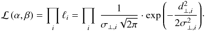 \appendix \setcounter{section}{2} \begin{eqnarray} \mathcal{L}\, (\alpha,\beta) = \prod_i \ell_i = \prod_i \: \frac{1}{\sigma_{\perp,i}\sqrt{2\pi}} \cdot \exp{\left( -\frac{d_{\perp,i}^2}{2\sigma_{\perp,i}^2}\right)} \cdot \label{eqn:joint_likelihood} \end{eqnarray}