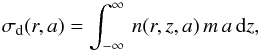 \begin{equation} \sigma_{\mathrm{d}}(r,a) = \int_{-\infty}^{\infty}\,n(r,z,a)\,m\,a\,{\rm d}z, \label{eq:vertintdust} \end{equation}