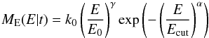 \begin{equation} M_\mathrm{E}(E | t) = k_0 \left( \frac{E}{E_0} \right)^{\gamma} \exp \left( -\left( \frac{E}{E_\mathrm{cut}} \right)^{\alpha} \right) \end{equation}